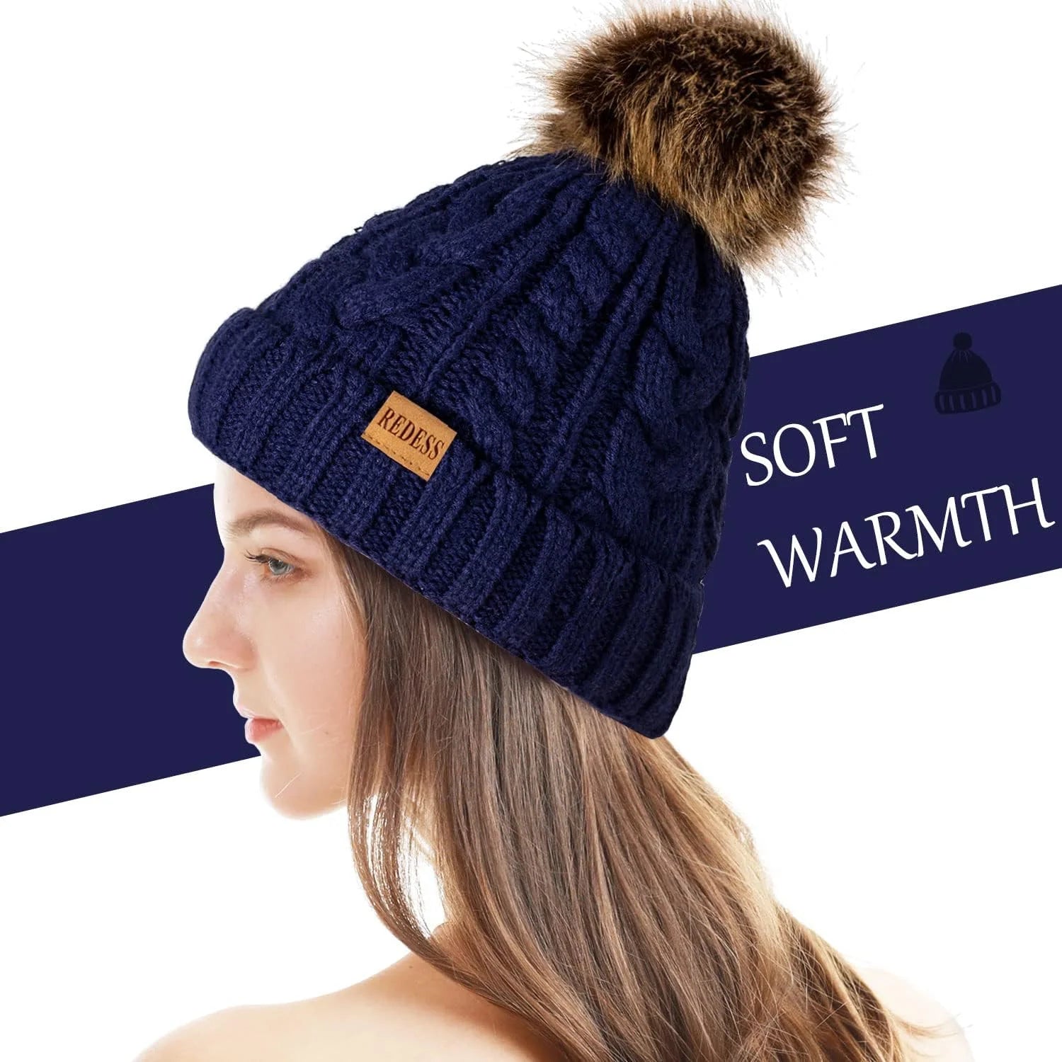 Women Winter Pompom Beanie Hat with Warm Fleece Lined, Thick Slouchy Knit Skull Ski Cap-Mix Black